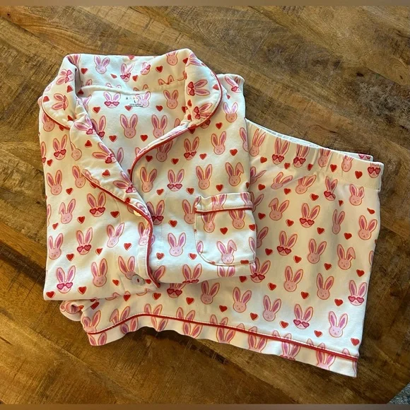 Roller Rabbit Pink Lovestruck Bunny Polo Pajamas Preppy Valentine’s Day Sz L